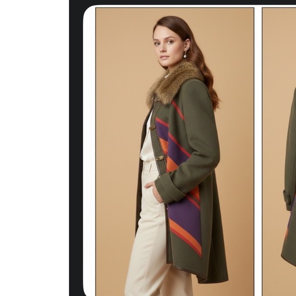 Cartonnier Medium women Wool Fur collar Cape Toggle Coat Olive chevron old money - Picture 13 of 14